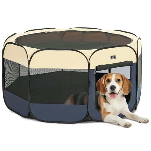 A 4 Pet Pet Playpen in L(50.39"x50.39"x25"), Blue+Beige
