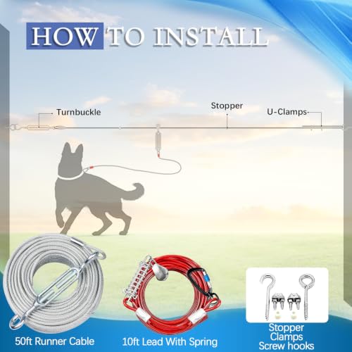 Snagle Paw Leash in 50ft run cable+10ft tie out cable, Red for 250lbs dogs