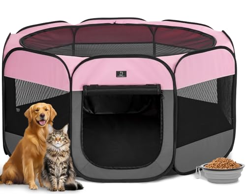 A 4 Pet Pet Playpen in L(50.39"x50.39"x25"), Pink+Grey