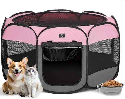 A 4 Pet Pet Playpen in S(29.92"x29.92"x16.5"), Pink+Grey