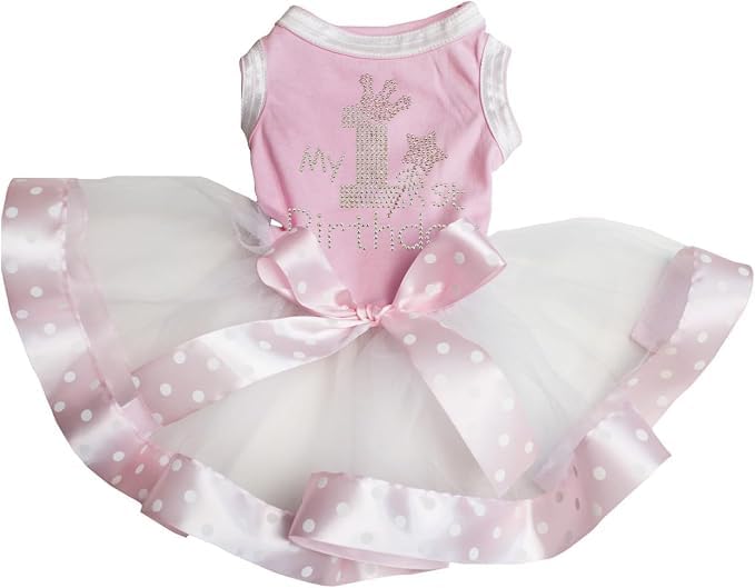Petitebella Pet Apparel in X-Small, Pink/White Dots Ribbon