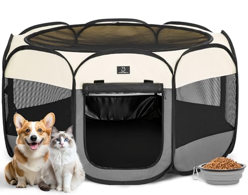 A 4 Pet Pet Playpen in S(29.92"x29.92"x16.5"), Grey+Beige