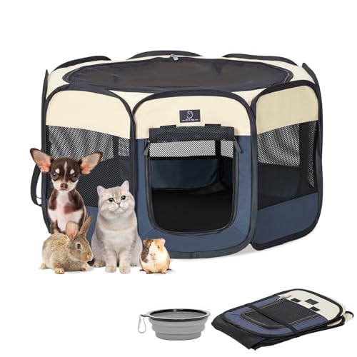 A 4 Pet Pet Playpen in S(29.92"x29.92"x16.5"), Blue+Beige