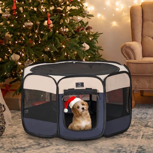 A 4 Pet Pet Playpen in S(29.92"x29.92"x16.5"), Blue+Beige