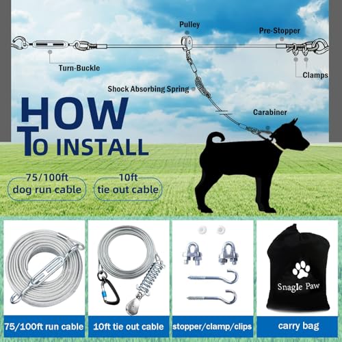 Snagle Paw Leash in 100ft run cable+10ft tie out cable, Silver for 250lbs dogs