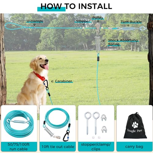 Snagle Paw Leash in 50ft run cable+10ft tie out cable, Teal for 250lbs dogs