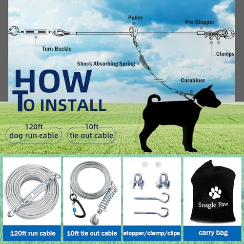 Snagle Paw Leash in 120ft run cable+10ft tie out cable, Silver for 250lbs dogs