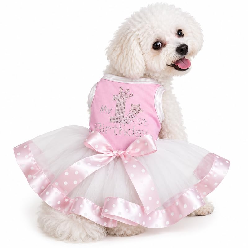 Petitebella Pet Apparel in X-Small, Pink/White Dots Ribbon