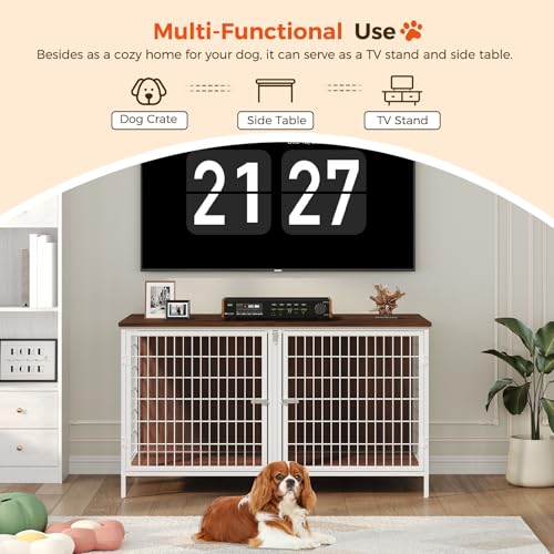 MAHANCRIS Animal Cage in 43.3"L x 21.7"W x 26.4"H, White and Walnut