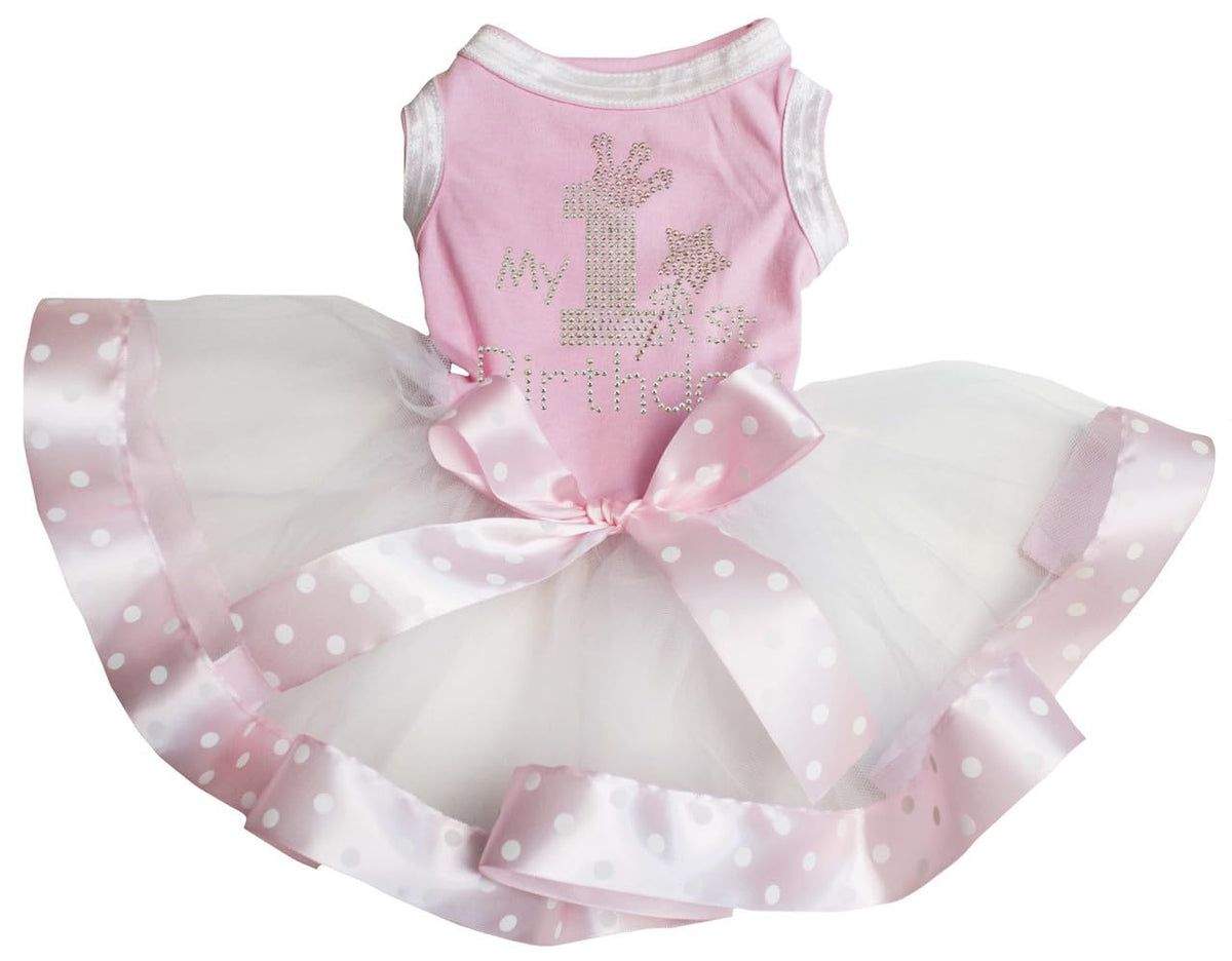 Petitebella Pet Apparel in X-Small, Pink/White Dots Ribbon