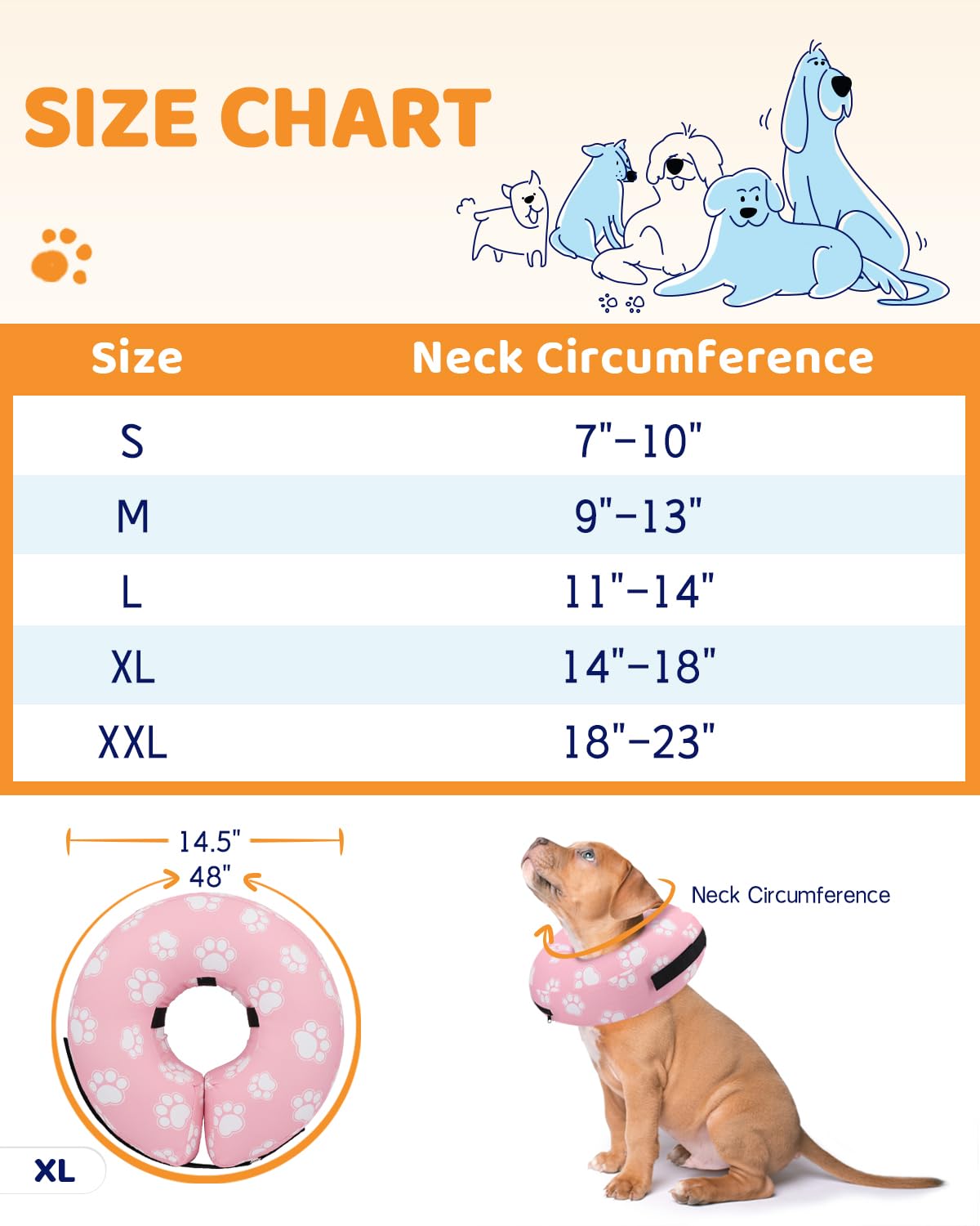 Supet Animal Recovery Collar Cone in XL(Neck 14"-18"), T Paw Pink