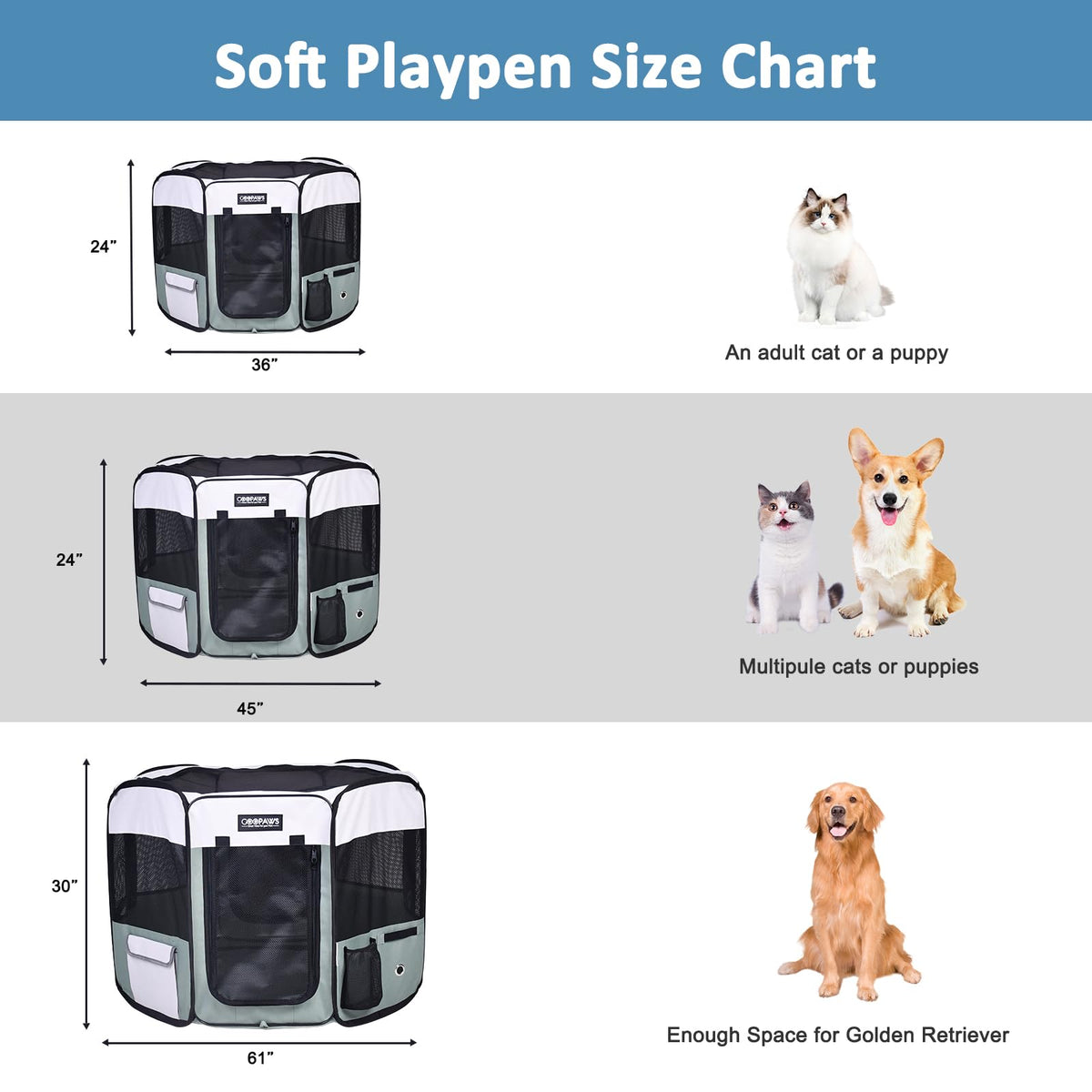 JESPET Pet Playpen in 36x36x24 Inch (Pack of 1), Shale Green