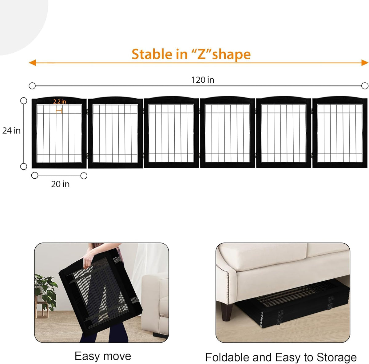 LZRS Temporary Gate in 24"Height-6 Panel, Black