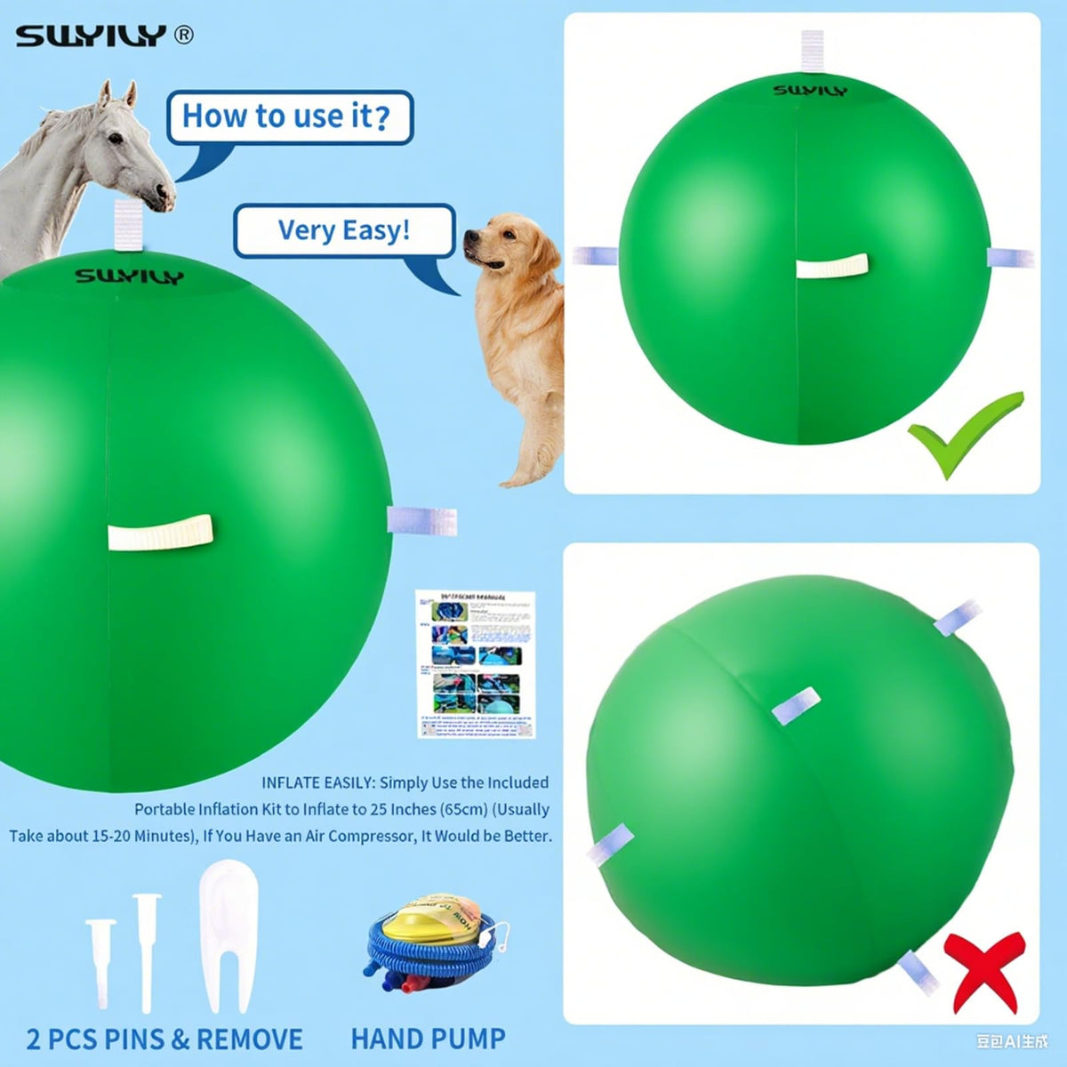 SWYIVY Recreation Ball in 25", Blue & Green Straps Ball Cover Kit + Ball