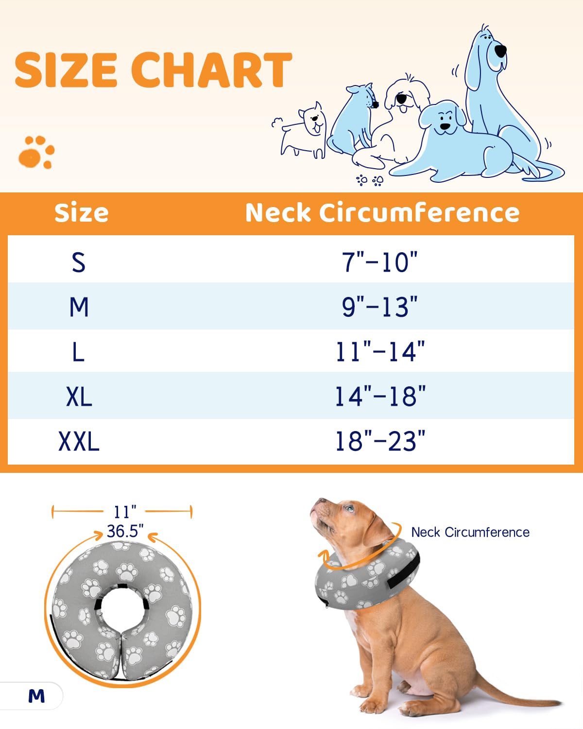 Supet Animal Recovery Collar Cone in M(Neck 9"-12.5"), T Paw Grey