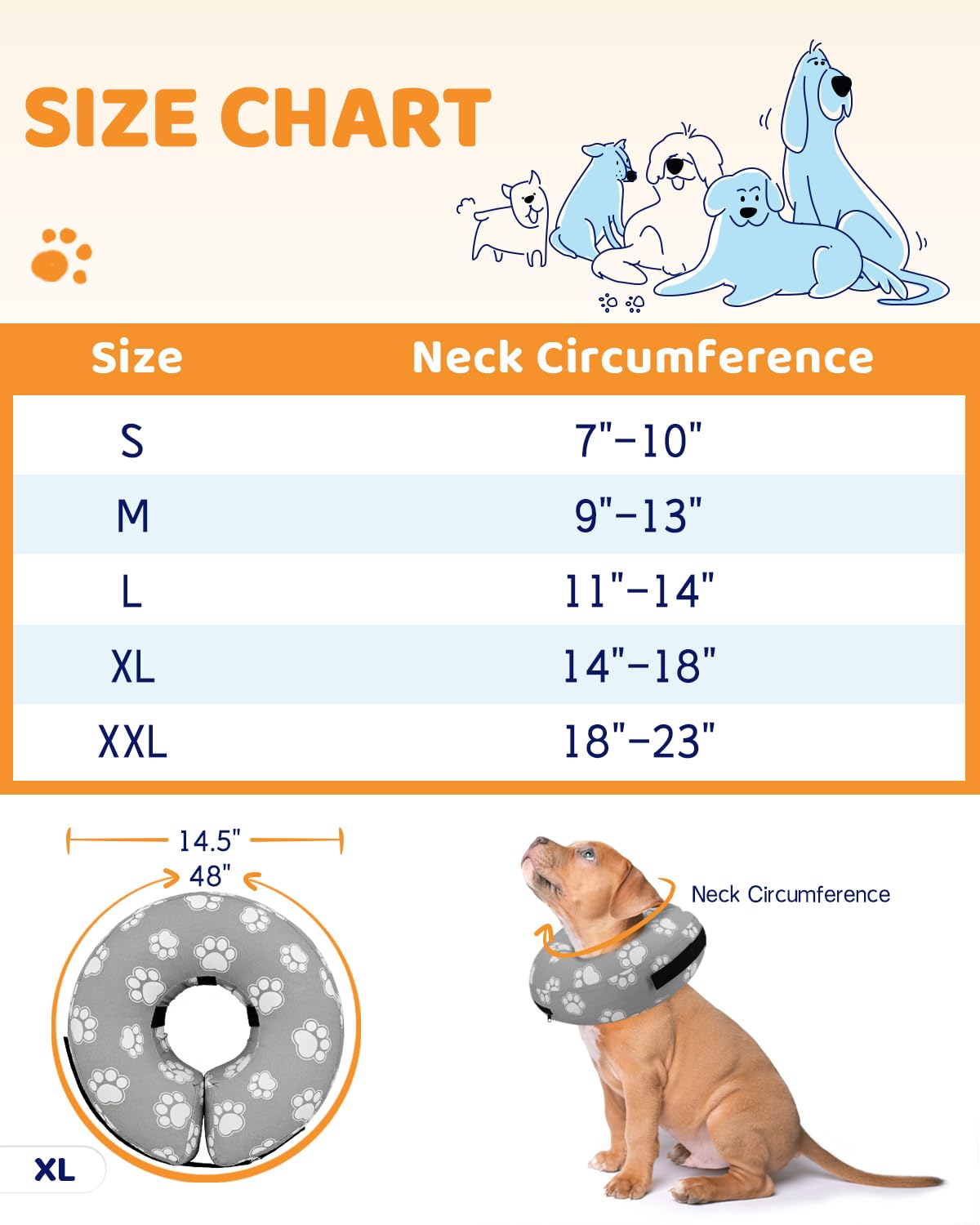 Supet Animal Recovery Collar Cone in XL(Neck 14"-18"), T Paw Grey