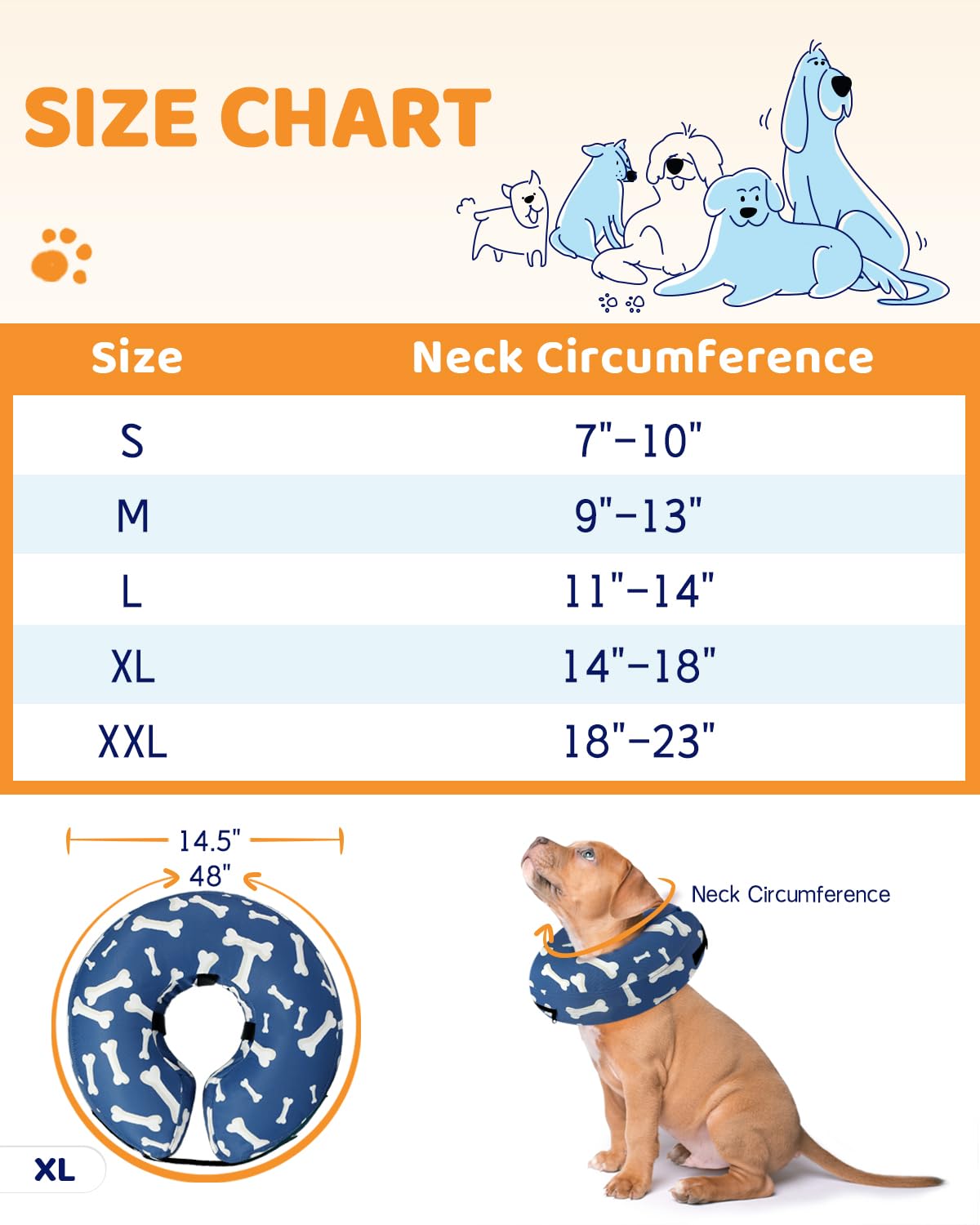 Supet Animal Recovery Collar Cone in XL(Neck 14"-18"), T Bone Navy