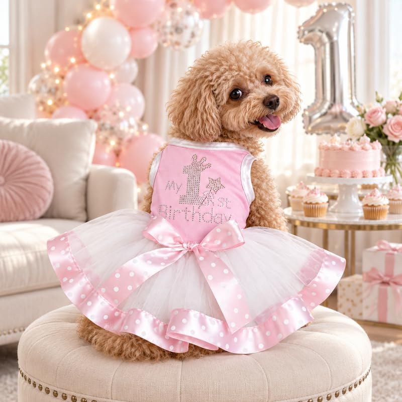 Petitebella Pet Apparel in X-Small, Pink/White Dots Ribbon