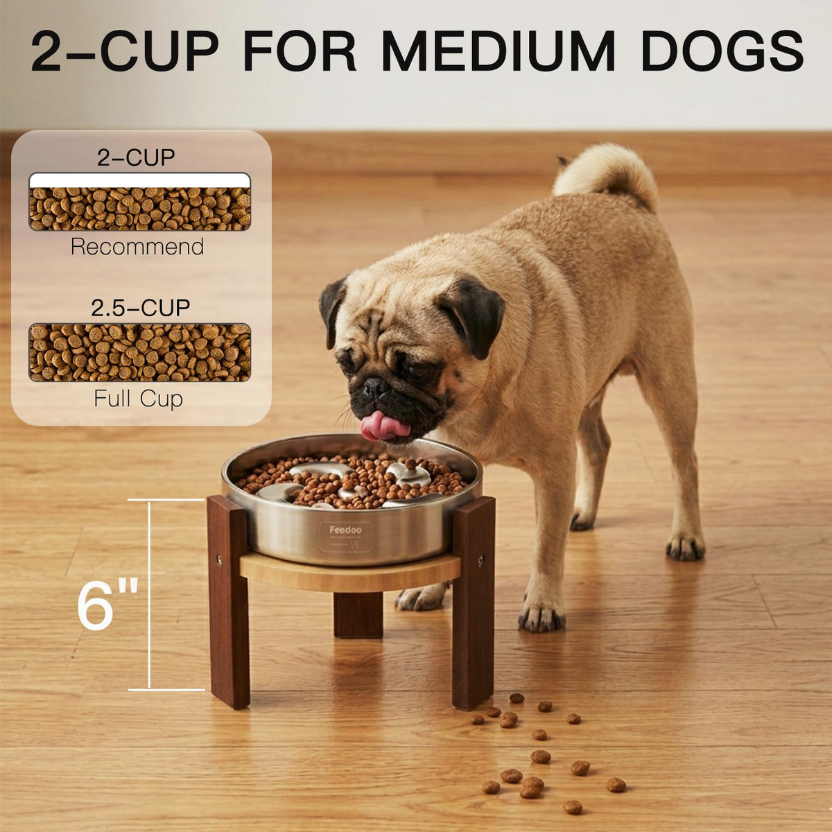 Feedoo Pet Feeder in 6'' Height Stand, 6" Height 2Cups Slow Feeder