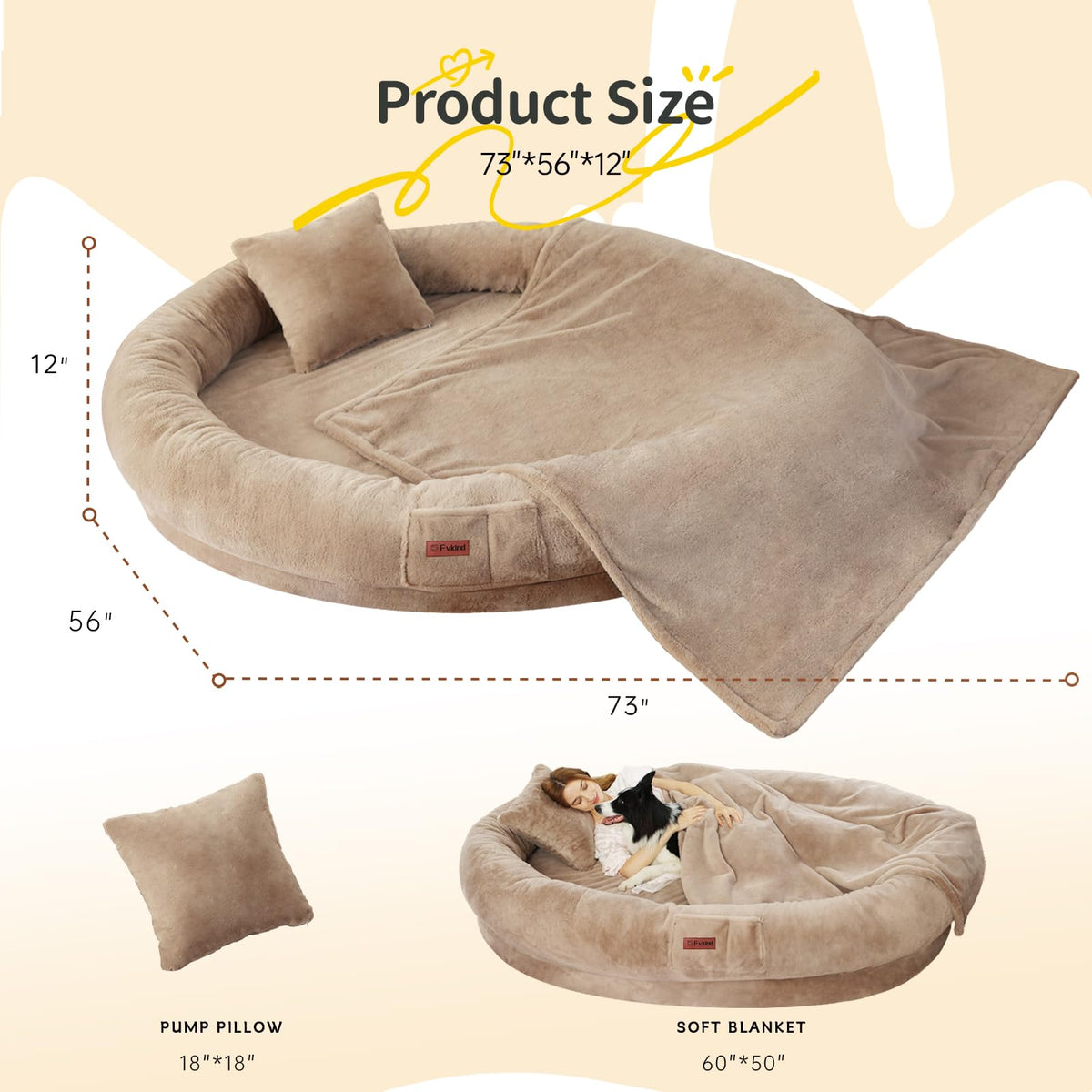 Fvkind Pet Bed Mat in 73"Lx56"Wx12"Th, Khaki