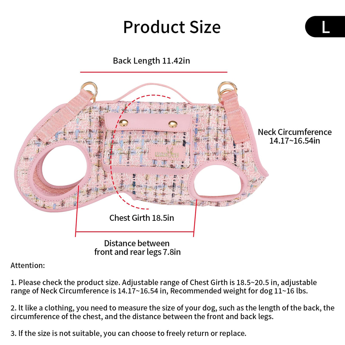 wakytu Animal Harness in Large(11-16 LBS), 2.0 Pink