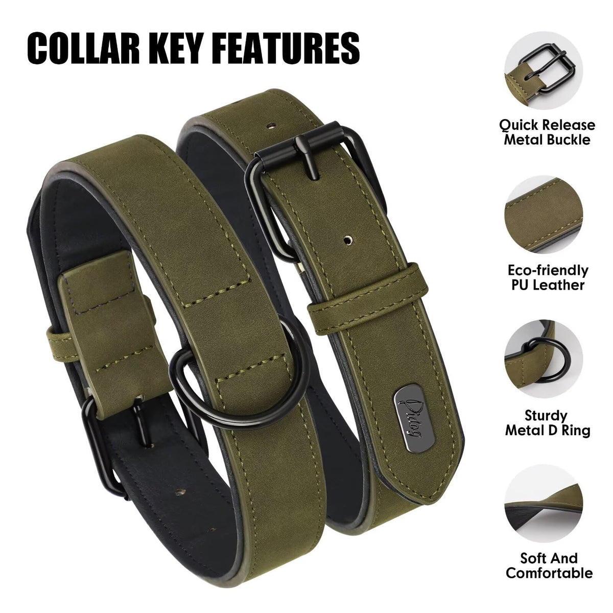 Didog Animal Collar in M: Fit Neck 11-14"(10-20 lbs), Dark Green