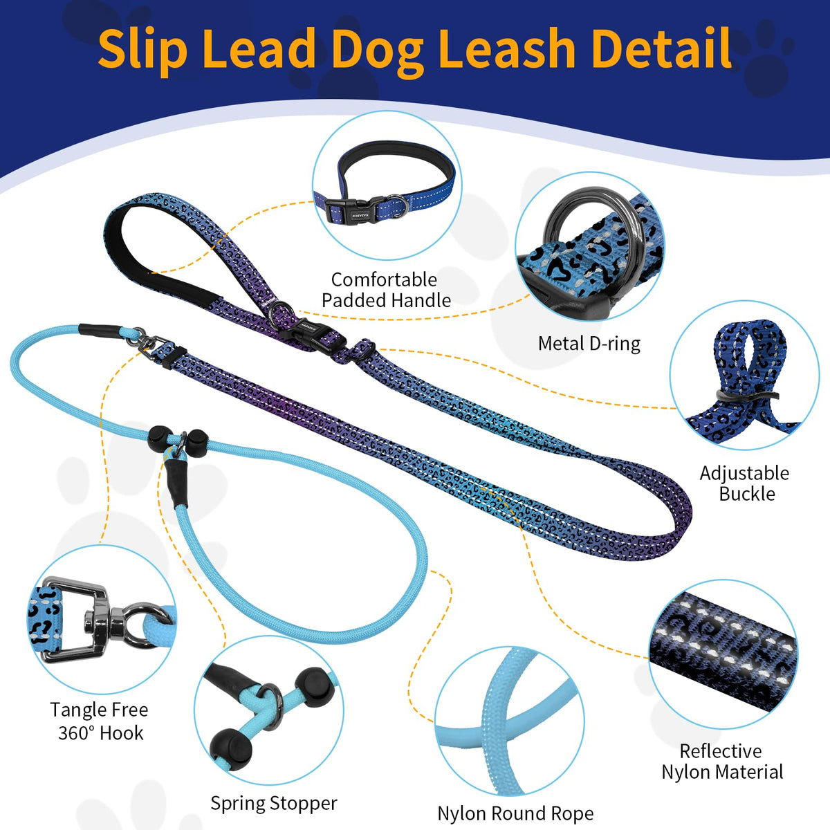 kazazoo Leash in Adjustable, 5.5ft to 8.5ft, Blue Leopard