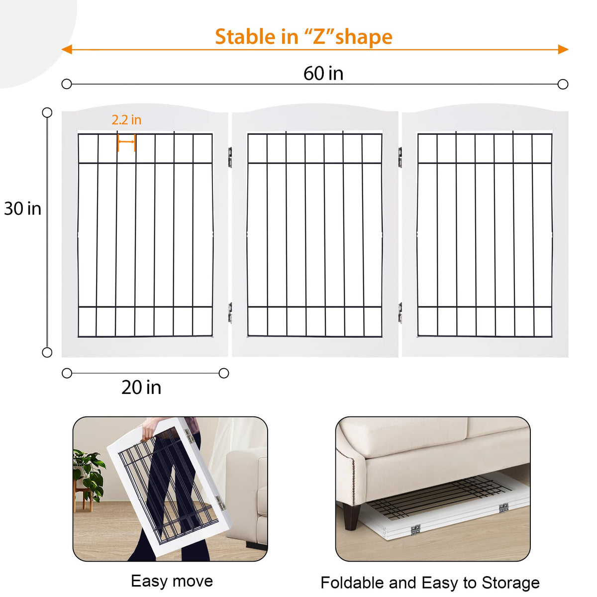 LZRS Temporary Gate in 30"Height-3 Panel, White