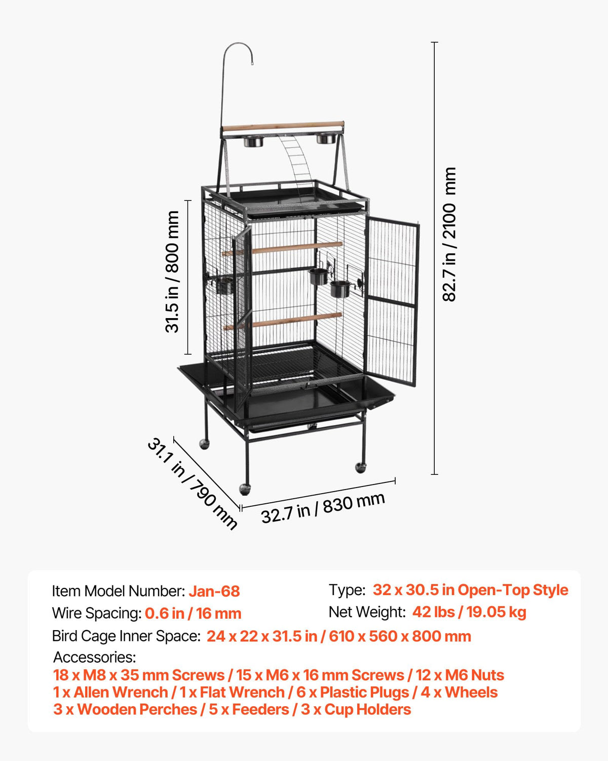 VEVOR Animal Cage in 32.7"L x 31.1"W x 82.7"H, Black