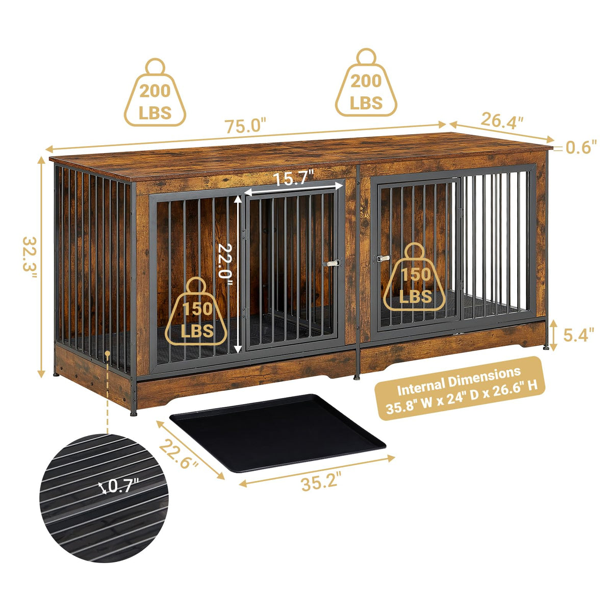 Rovibek Animal Cage in 75.0"L x 27.0"W x 32.0"H, Brown