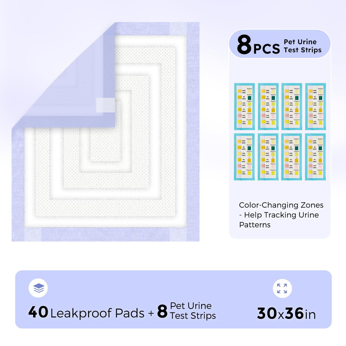 ZOMISIA Disposable Incontinence Surface Protector in 30"x36" - 40 Count + 8 Pet Urine Test Strips, Purple