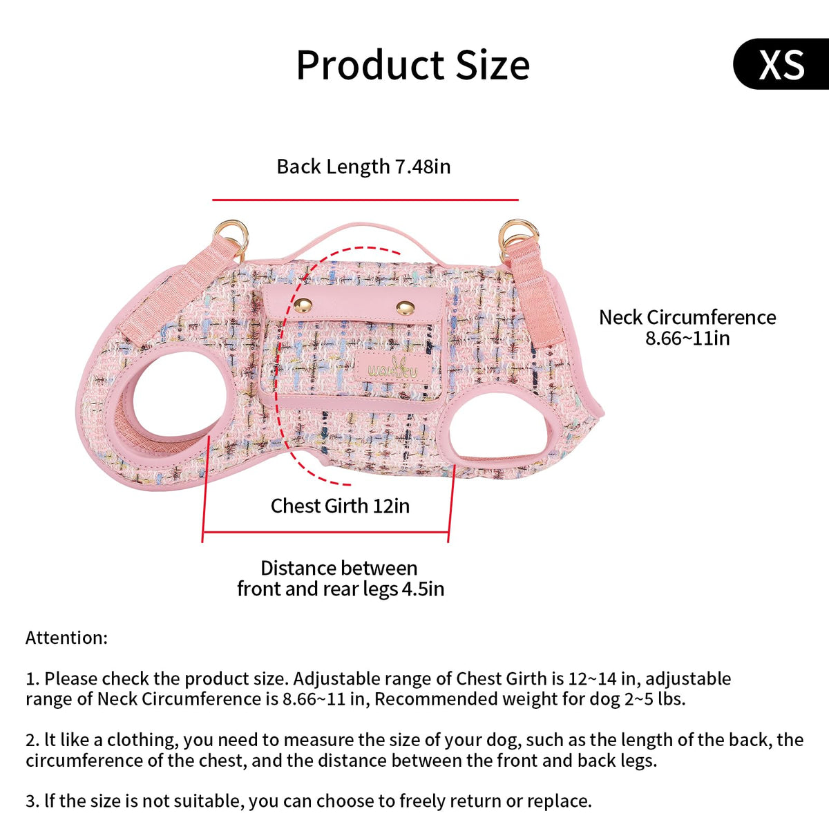 wakytu Animal Harness in X-Small(2-5 LBS), 2.0 Pink