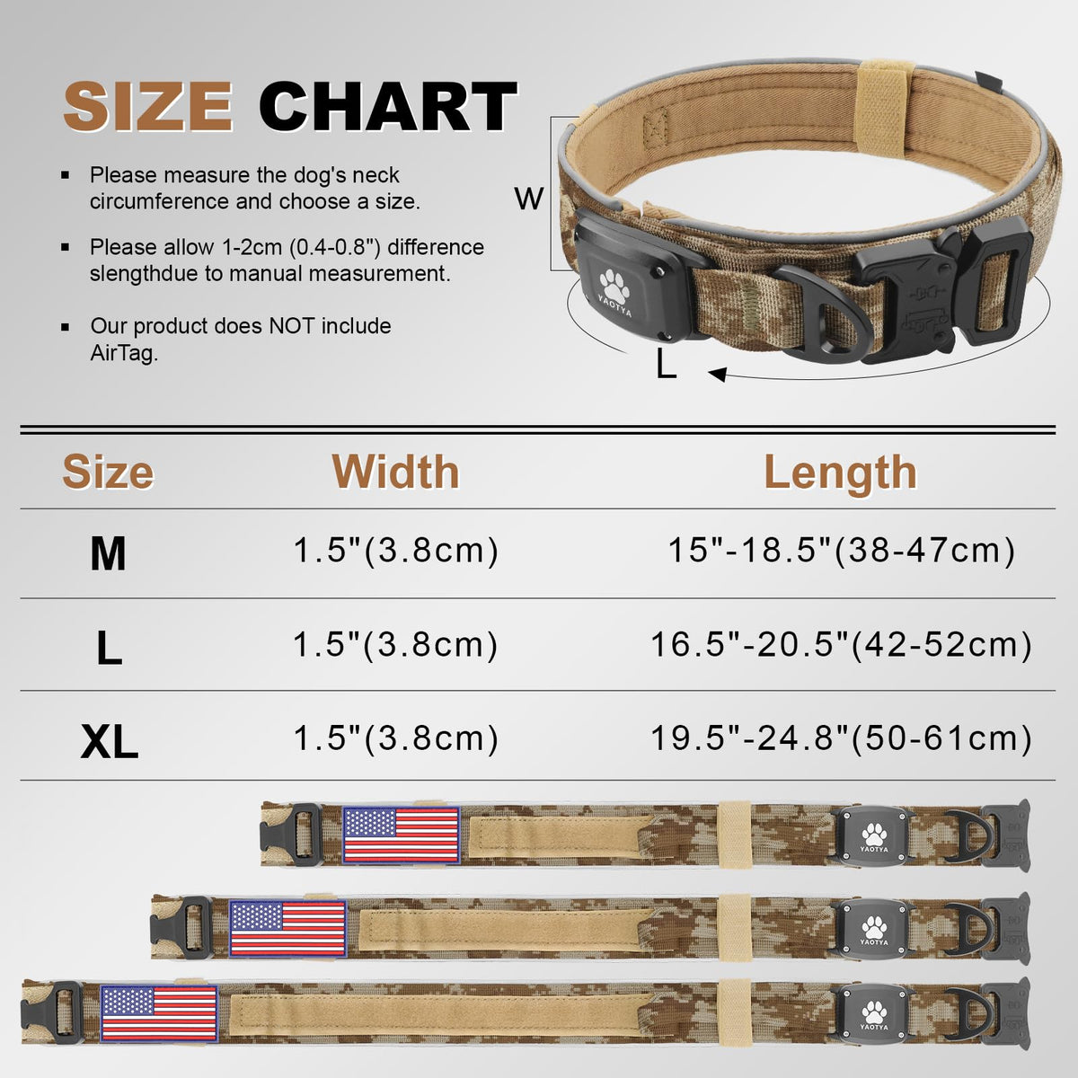 YaoTya Animal Collar in M(15"-18.5"), Camouflage Khaki