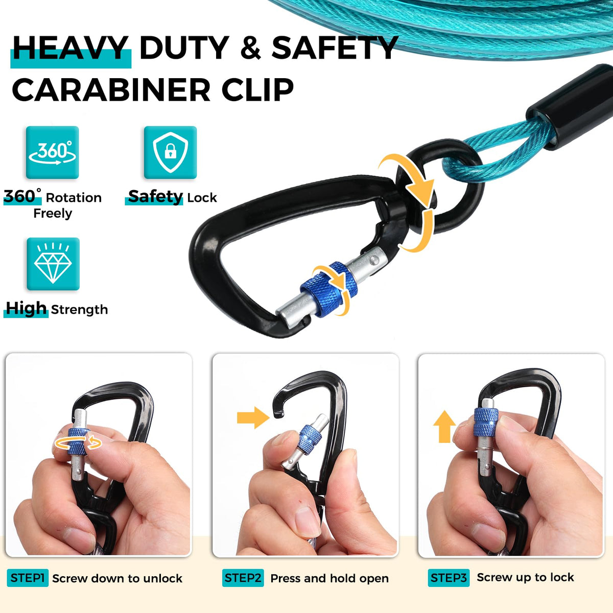 Snagle Paw Leash in 50ft run cable+10ft tie out cable, Teal for 250lbs dogs