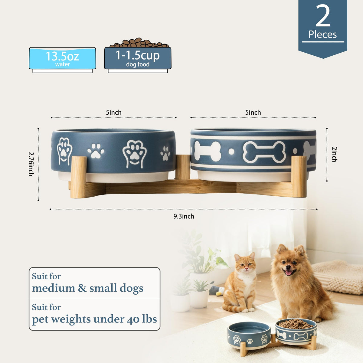 Dafuceramic Pet Feeder in S-1.5 Cups, Blue