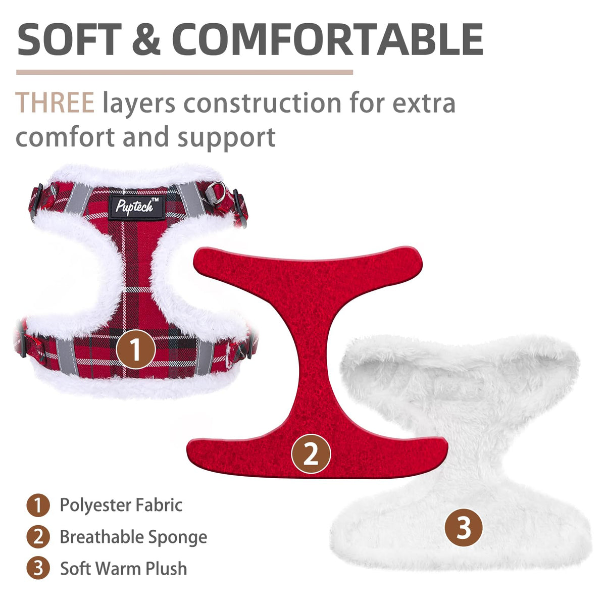 PUPTECK Animal Harness in XS (9-13lbs, Chest 14"-16"), #3 Red(Plush Plaid)
