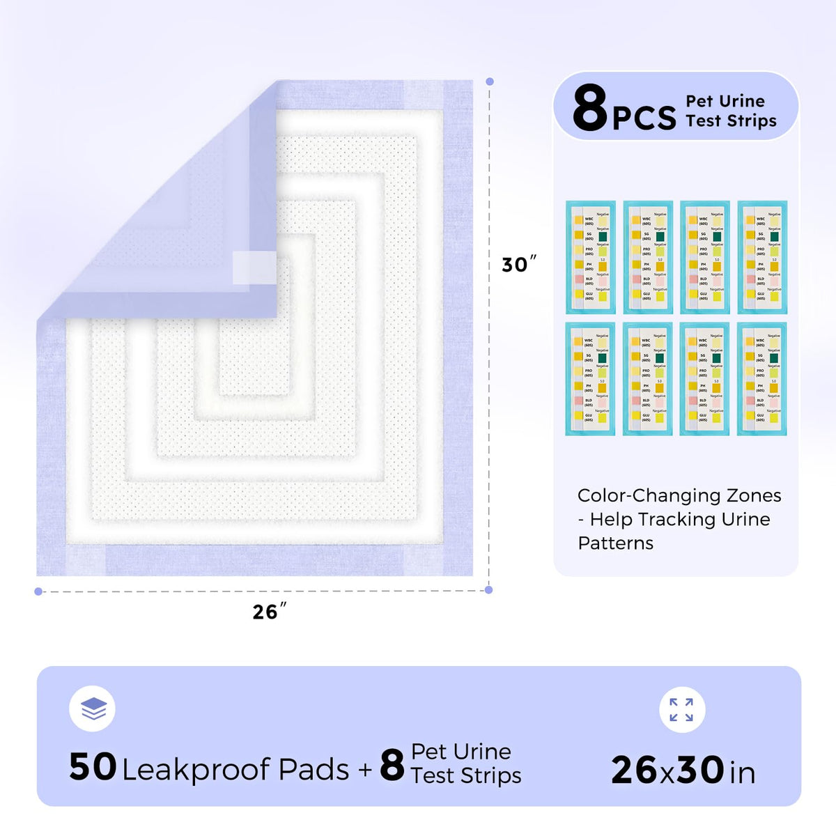ZOMISIA Disposable Incontinence Surface Protector in 26"x30" - 50 Count + 8 Pet Urine Test Strips, Purple
