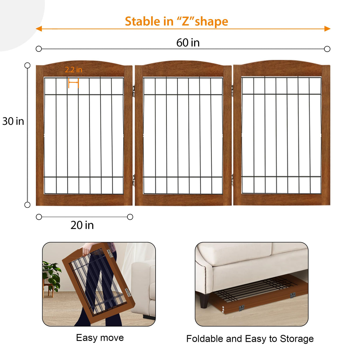 LZRS Temporary Gate in 30"Height-3 Panel, Oak Cherry