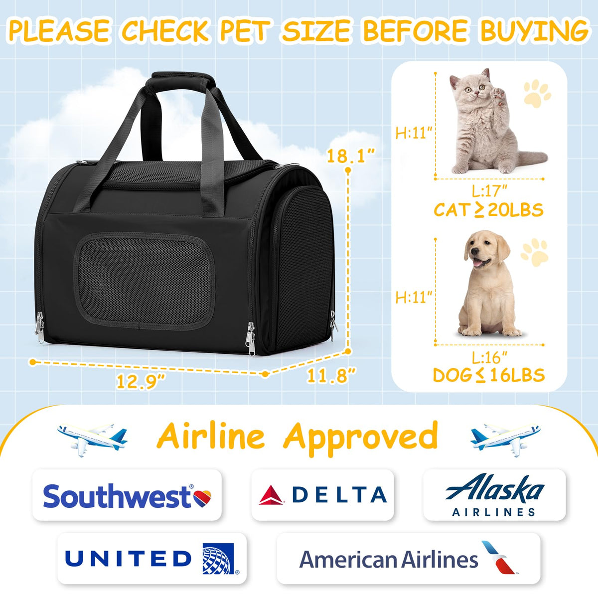 WEPLAN Animal Carrier in 17.9"L x 11.8"W x 12.9"H, Black