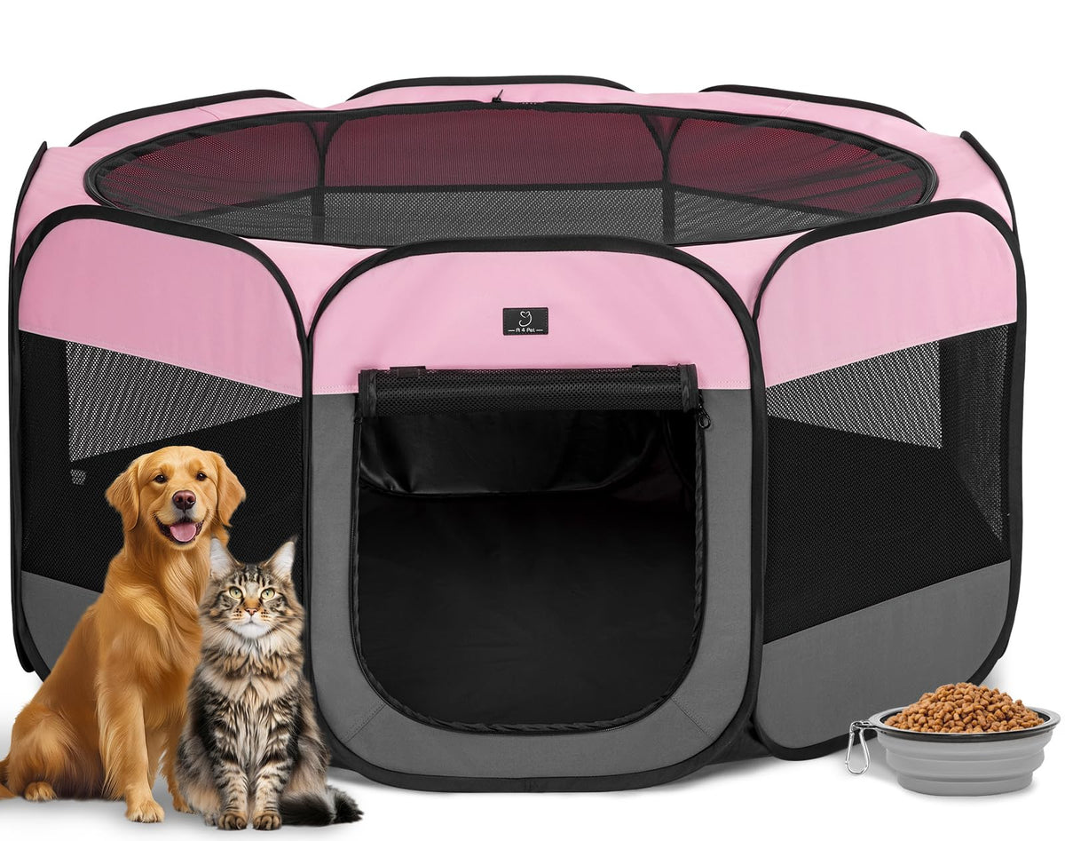 A 4 Pet Pet Playpen in L(50.39"x50.39"x25"), Pink+Grey