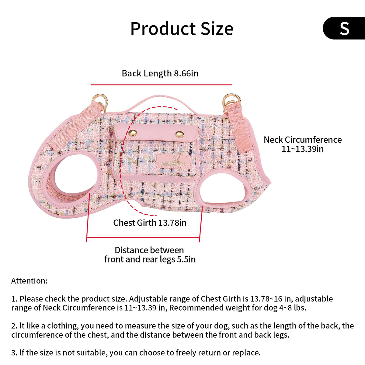 wakytu Animal Harness in Small(4-8 LBS), 2.0 Pink