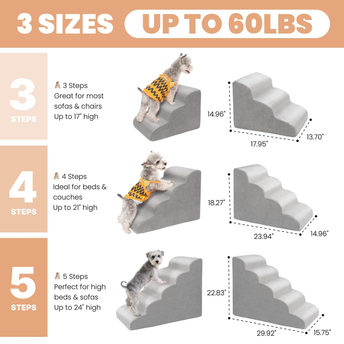 MEWANG Animal Stair in 3 steps: 17.95''L×14.96''W×13.70''H, Round Corner