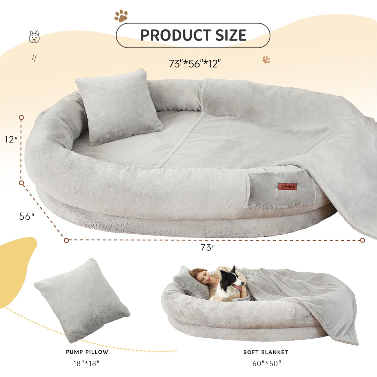 Fvkind Pet Bed Mat in 73"Lx56"Wx12"Th, Grey