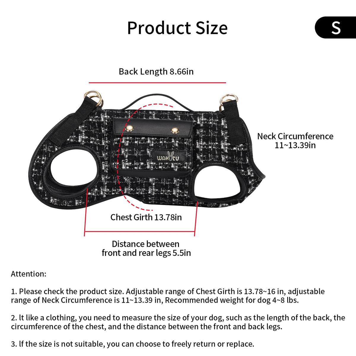 wakytu Animal Harness in Small(4-8 LBS), 2.0 Black