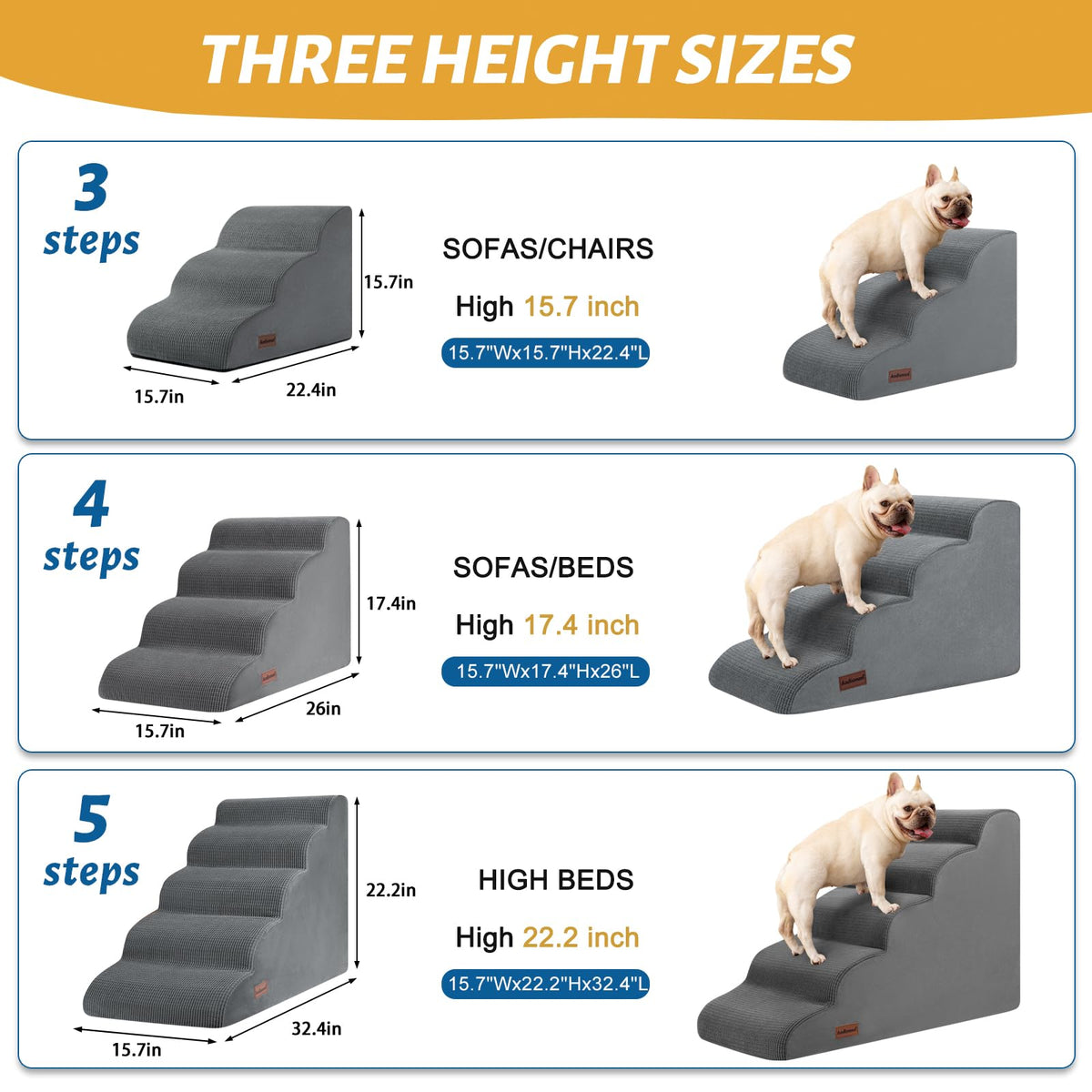 aodisman Animal Stair in Standard 3-Step 15.7"H, Grey