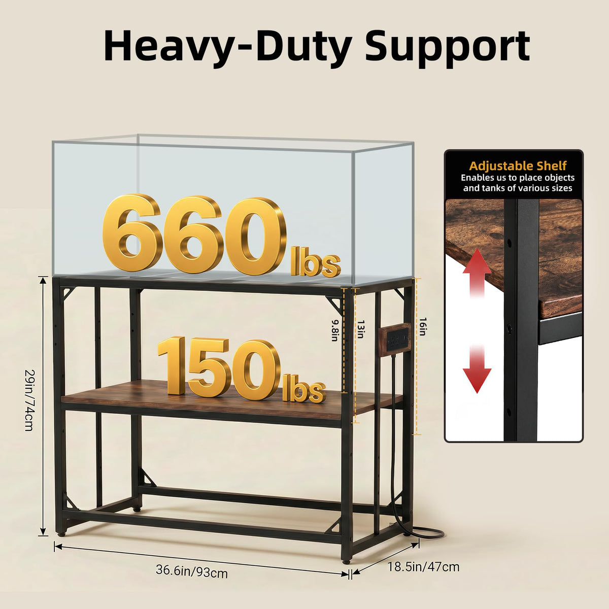 MEWSDEN Item Stand in (40 Gallon)36.5"x18.5", Rustic Brown-with Power Outlets