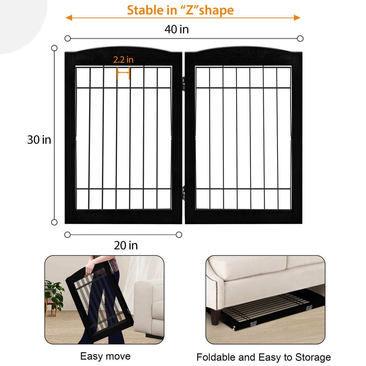 LZRS Temporary Gate in 30"Height-2 Panel, Black