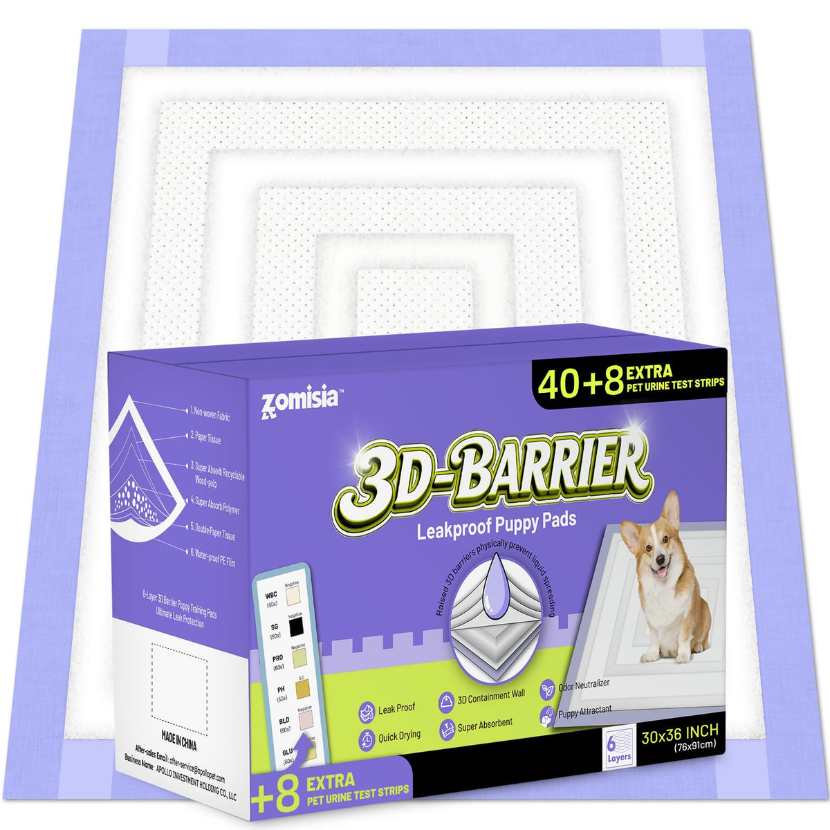 ZOMISIA Disposable Incontinence Surface Protector in 30"x36" - 40 Count + 8 Pet Urine Test Strips, Purple