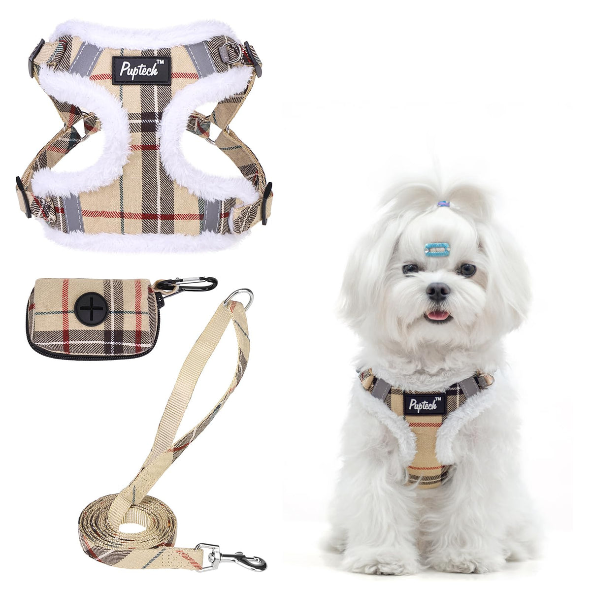 PUPTECK Animal Harness in XS (9-13lbs, Chest 14"-16"), #3 Beige(Plush Plaid)