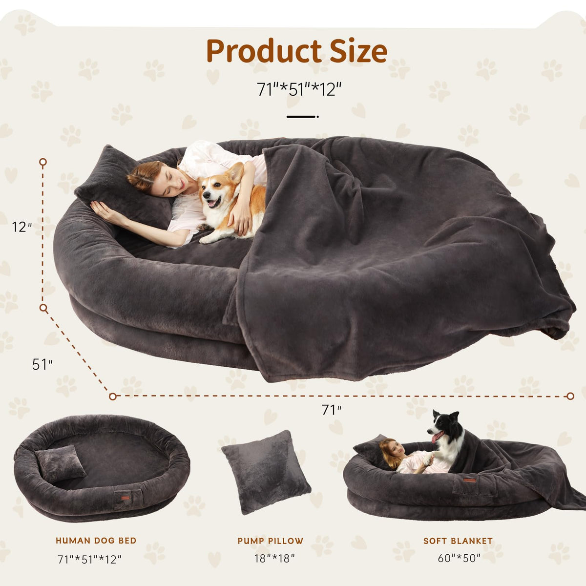Fvkind Pet Bed Mat in 71"Lx51"Wx12"Th, Dark Grey